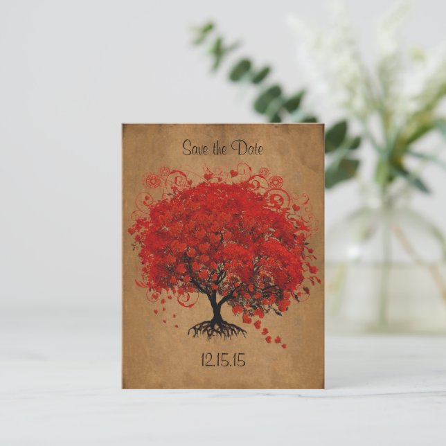 Red Tree Wedding Save The Date Announcement Postcard (Standing Front)