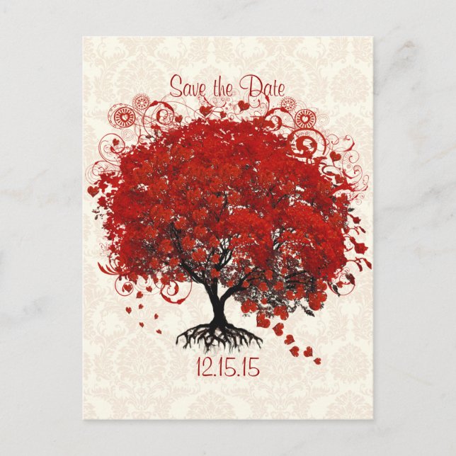Red Tree Wedding Save The Date Silver Cloud Damask Announcement Postcard (Front)