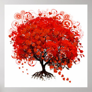 Red Tree With Hearts Leaves Falling Poster