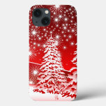 Red Tree with Snow  iPhone 13 Case<br><div class="desc">Beautiful Shinning Stars,  Snowfall with Red Background</div>