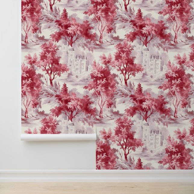 Red Trees and Castle French Toile Wallpaper (Application)