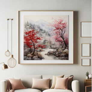 Red Trees over River Photo Print