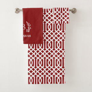 Red Trellis Branch Monogram   Farmhouse Holiday Bath Towel Set