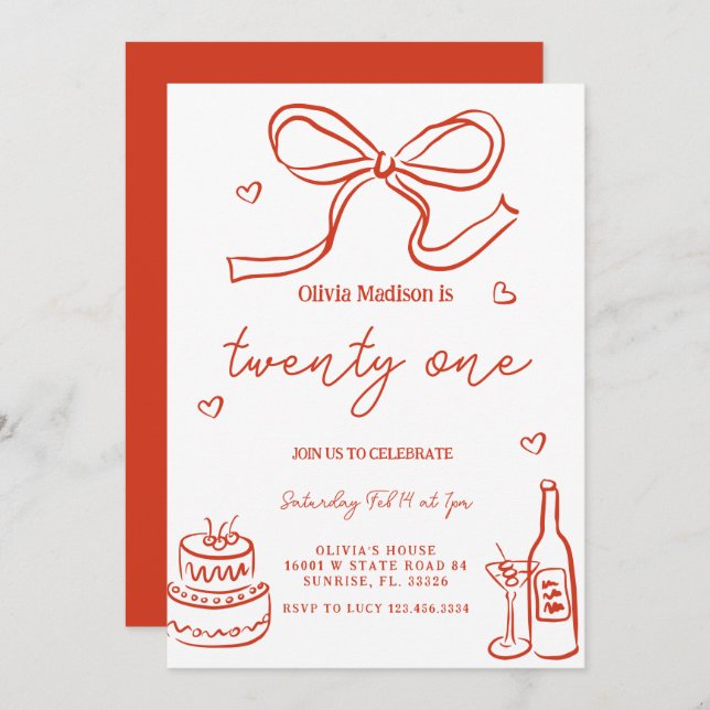 Red Trendy Hand-Drawn 21st Birthday Invitation (Front/Back)