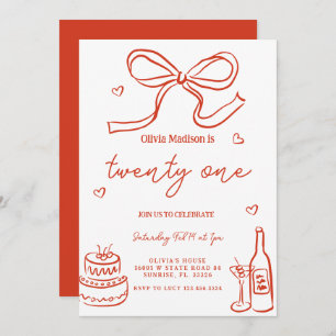 Red Trendy Hand-Drawn 21st Birthday Invitation