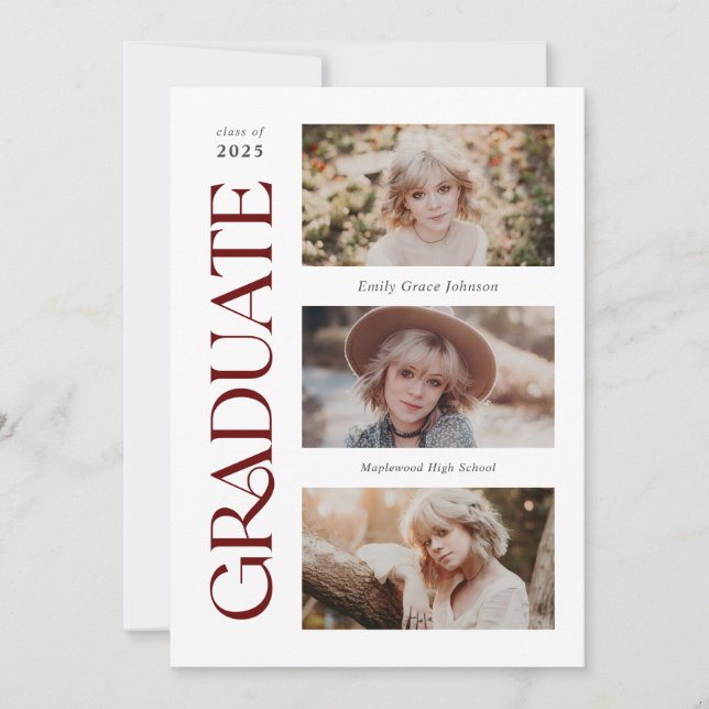 Red Trendy Serif Multiple Photo Graduation  Announcement (Front)