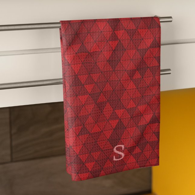 Red Triangles Geometric Pattern Custom Monogram Tea Towel (Creator Uploaded)