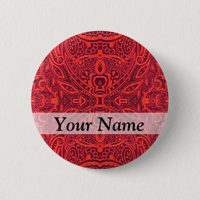 Red tribal damask pattern 6 cm round badge (Front)