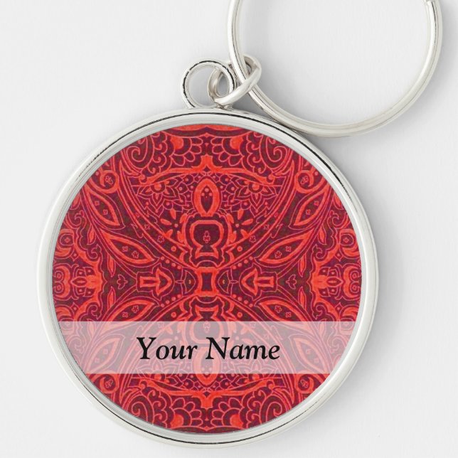 Red tribal damask pattern key ring (Front)