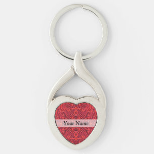 Red tribal damask pattern key ring
