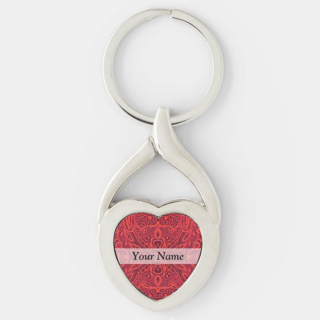 Red tribal damask pattern key ring (Front)