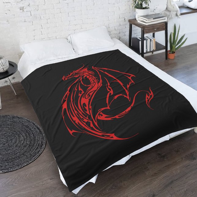 Red Tribal Dragon Black Fleece Blanket (Creator Uploaded)