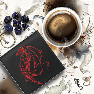 Red Tribal Dragon Black Glass Coaster