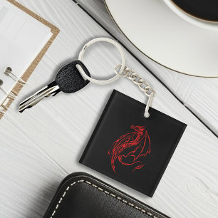 Red Tribal Dragon Black Key Ring