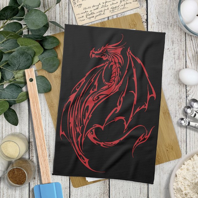 Red Tribal Dragon Black Tea Towel (Creator Uploaded)