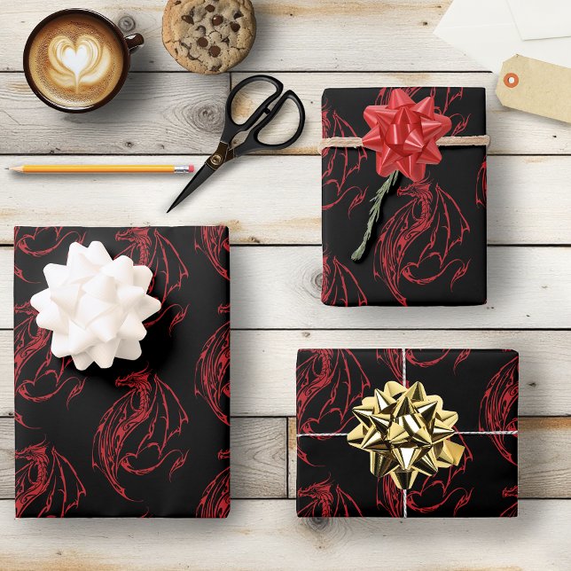 Red Tribal Dragon Black Wrapping Paper Sheet (Creator Uploaded)