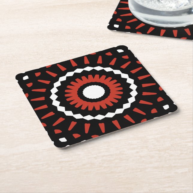 Red Tribal Mandala Square Paper Coaster (Angled)