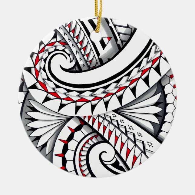 Red tribal polynesian patterns with shading ceramic tree decoration (Front)