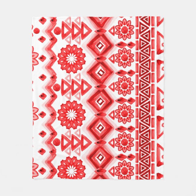Red tribal, watercolor ethnic pattern. fleece blanket (Front)