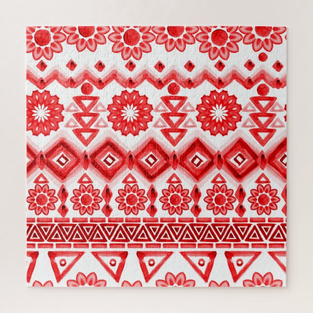 Red tribal, watercolor ethnic pattern. jigsaw puzzle (Vertical)