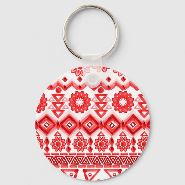 Red tribal, watercolor ethnic pattern. key ring (Front)