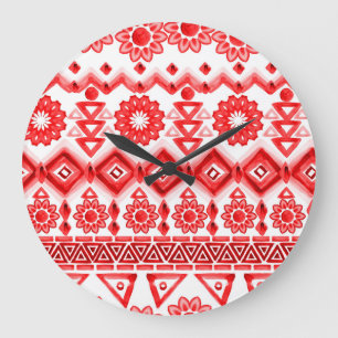 Red tribal, watercolor ethnic pattern. large clock
