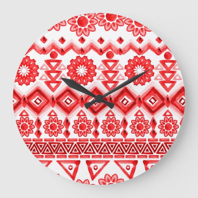 Red tribal, watercolor ethnic pattern. large clock (Front)