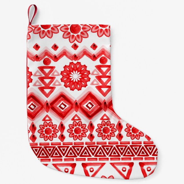 Red tribal, watercolor ethnic pattern. small christmas stocking (Front)