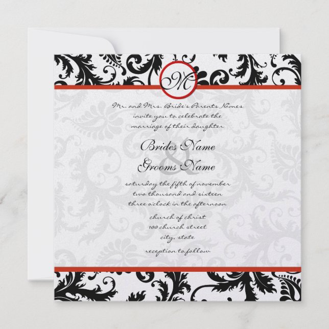 Red Trim Black Damask Swirls Wedding Invitation (Front)