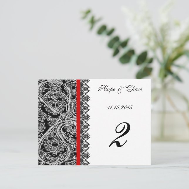 Red Trim Black Damask Table Number Cards (Standing Front)