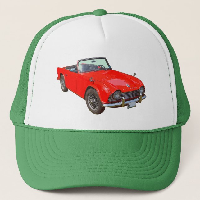 Red Triumph Tr4 Convertible Sports Car Trucker Hat (Front)