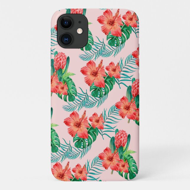 Red Tropical Floral on Baby Pink Case-Mate iPhone Case (Back)
