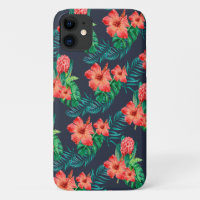 Red Tropical Floral on Navy