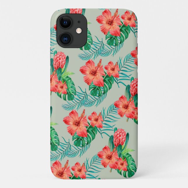 Red Tropical Floral on Sage Case-Mate iPhone Case (Back)