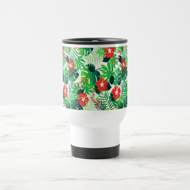 Red Tropical Flowers Design Travel Mug (Center)