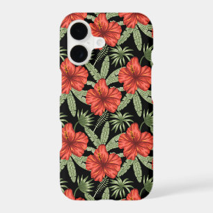 Red tropical flowers seamless pattern green leaves