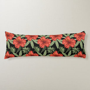 Red tropical flowers seamless pattern green leaves body cushion