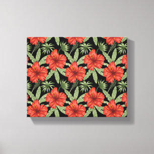 Red tropical flowers seamless pattern green leaves canvas print