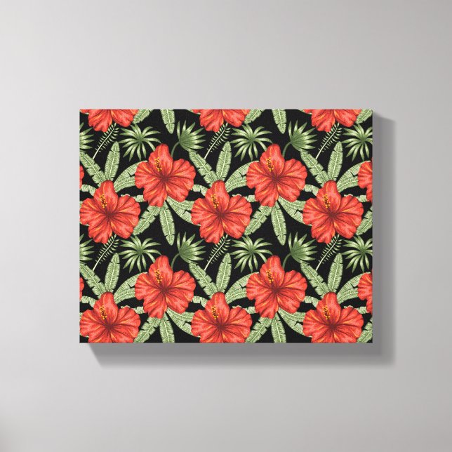 Red tropical flowers seamless pattern green leaves canvas print (Front)