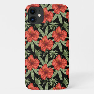 Red tropical flowers seamless pattern green leaves iPhone 11 case