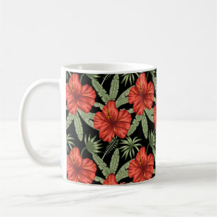 Red tropical flowers seamless pattern green leaves coffee mug