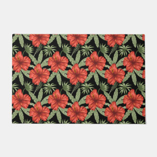 Red tropical flowers seamless pattern green leaves doormat