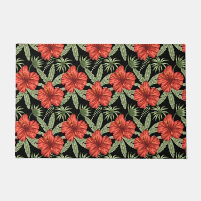 Red tropical flowers seamless pattern green leaves doormat (Front)