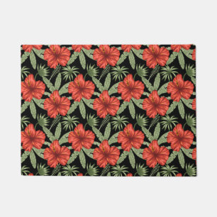 Red tropical flowers seamless pattern green leaves doormat