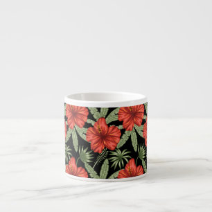 Red tropical flowers seamless pattern green leaves espresso cup