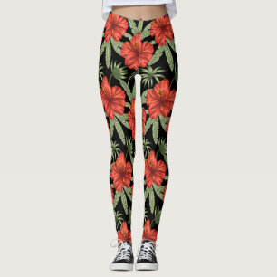 Red tropical flowers seamless pattern green leaves leggings