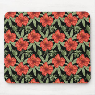 Red tropical flowers seamless pattern green leaves mouse mat
