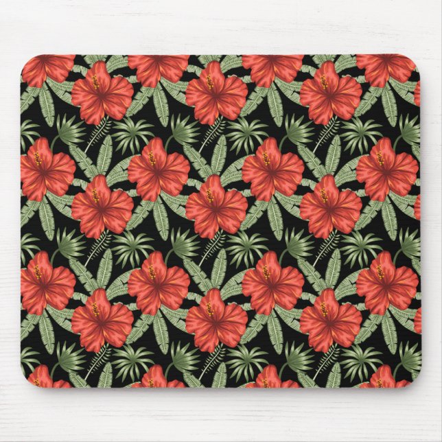 Red tropical flowers seamless pattern green leaves mouse mat (Front)