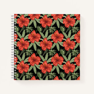 Red tropical flowers seamless pattern green leaves notebook