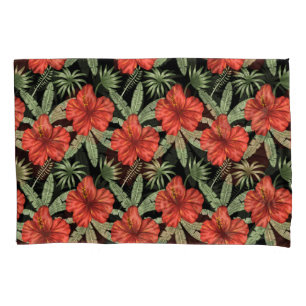 Red tropical flowers seamless pattern green leaves pillowcase
